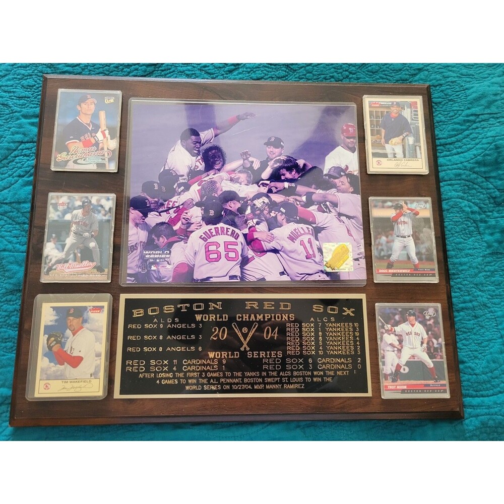 Boston Red Sox 2004 Championship Photo And Cards On Solid Wood 15" X x18" *FLAW*